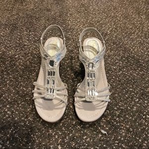 New York Transit Silver Wedge Heel Sandals Jeweled